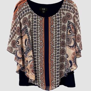 AGB Peach and Navy Patterned Poncho Blouse Top With Tank Lining Size Small